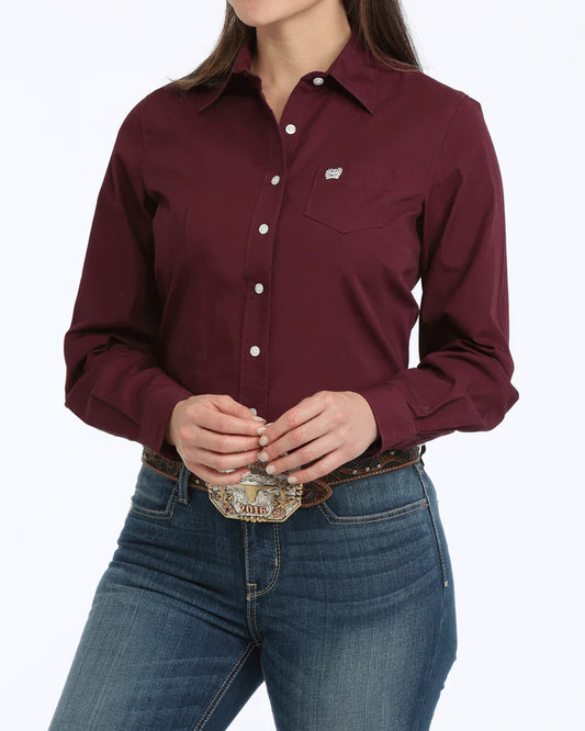MSW9164030 Cinch Women's Solid Arena Fit Button-Down Western Shirt - Burgundy