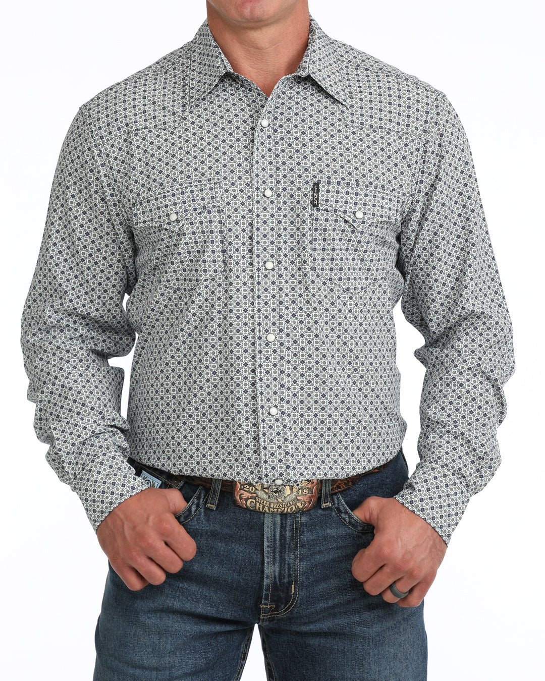 MTW1303111 Men's Cinch White Print Long Sleeve Shirt ArenaFlex
