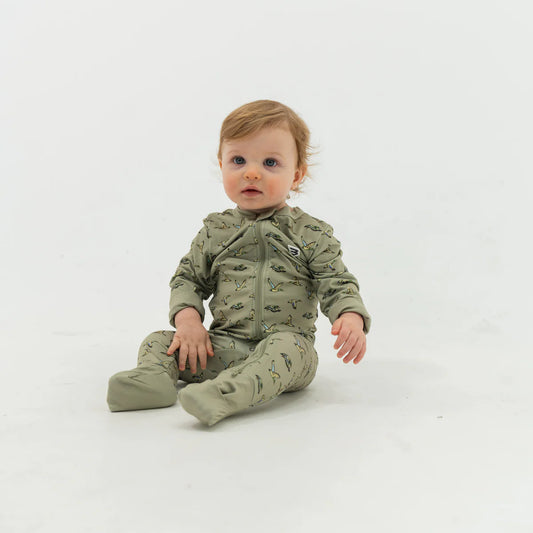 BZU-FD-GRN Burlebo Flying Ducks Baby One Piece Zip Up