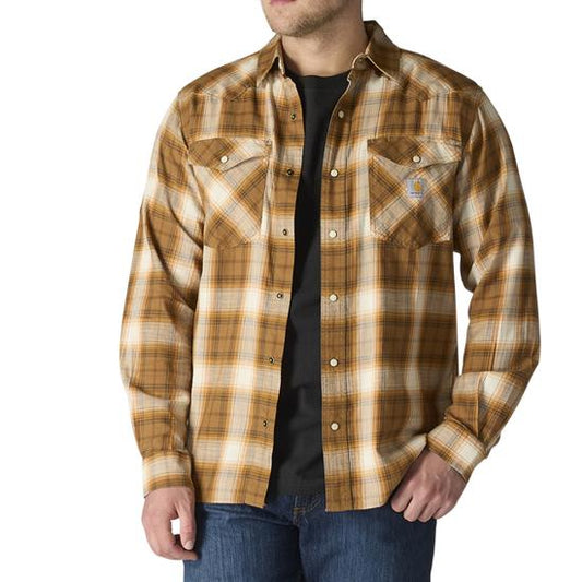 107016 BRN Carhartt Montana Rugged Flex Relaxed Fit Lightweight Long-Sleeve Snap-Front Plaid Shirt