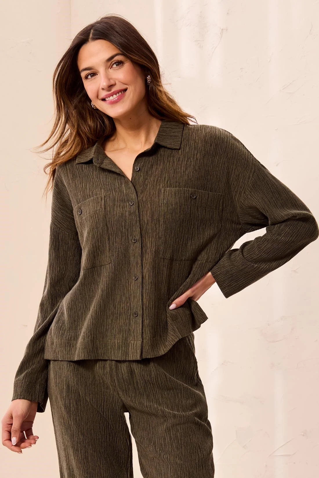 3142O-8503-1218 Tribal Crinkle Lyocell Long Sleeve Button Front Shirt