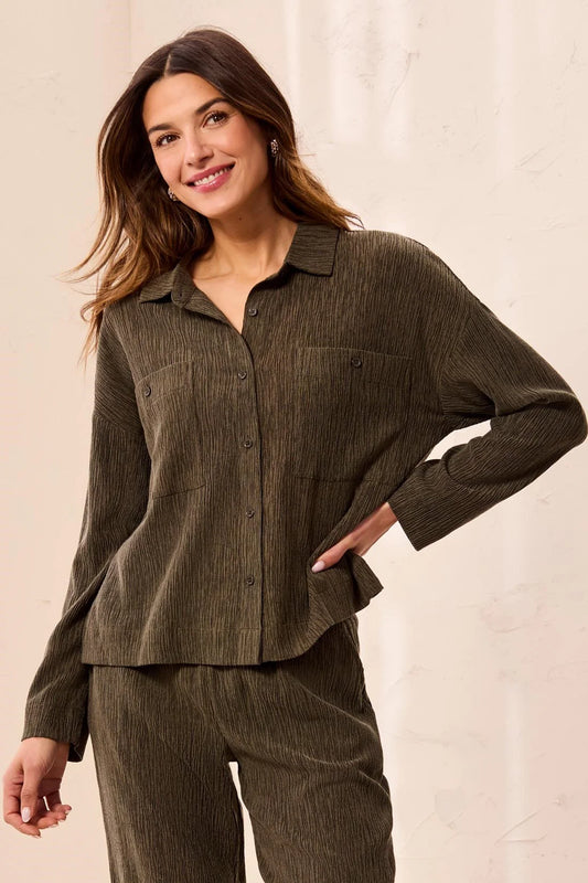 3142O-8503-1218 Tribal Crinkle Lyocell Long Sleeve Button Front Shirt
