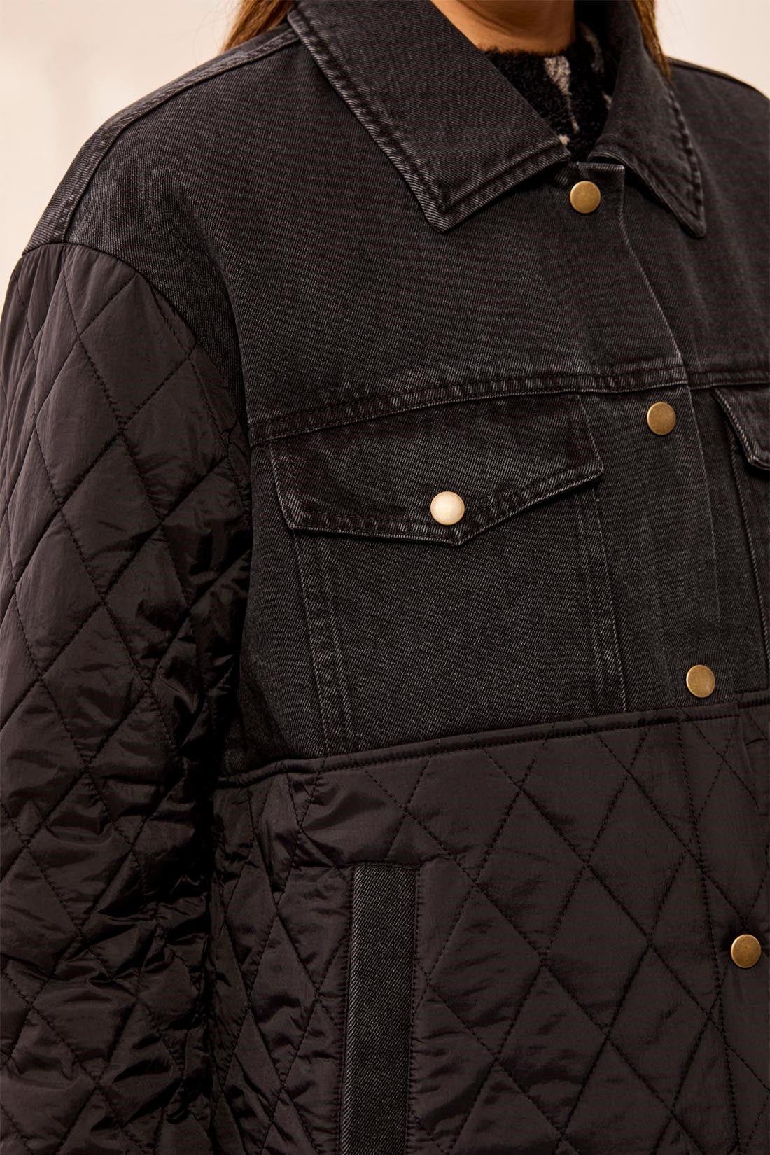 6285O-5795-0002 Tribal Quilted and Denim Mix Fabric Barn Jacket With Snap Front