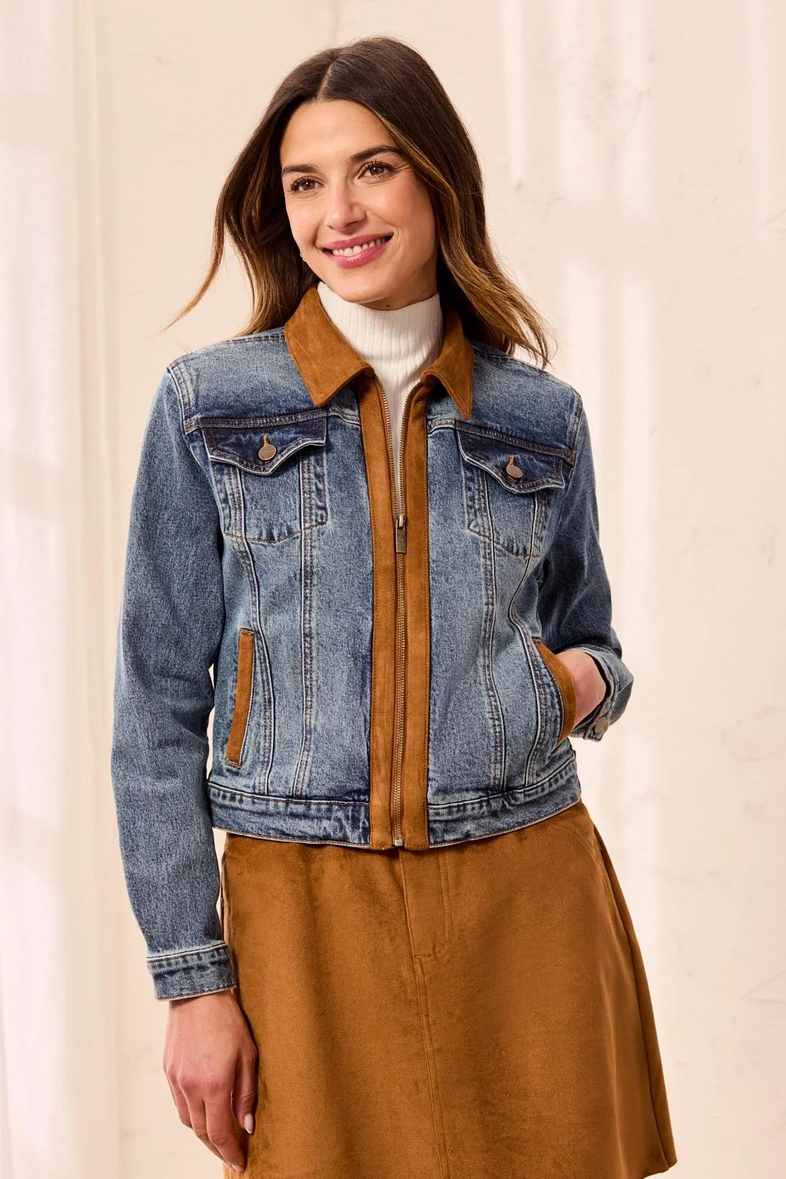 62440-5632-1243 Tribal Moonlight Mixed Media Zip Front Denim Jacket with Suede Trim