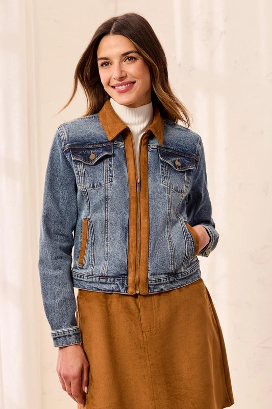 62440-5632-1243 Tribal Moonlight Mixed Media Zip Front Denim Jacket with Suede Trim