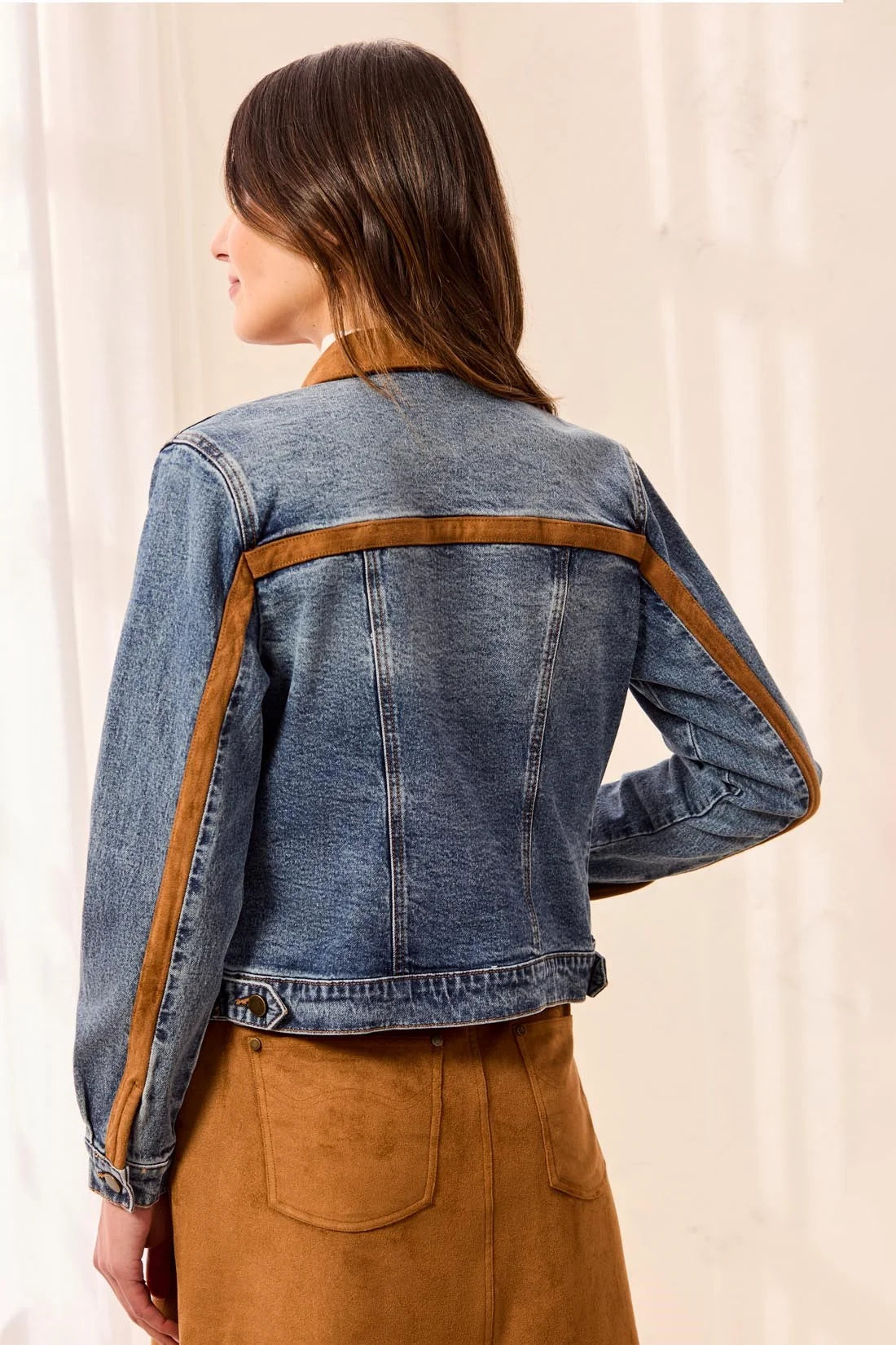 62440-5632-1243 Tribal Moonlight Mixed Media Zip Front Denim Jacket with Suede Trim