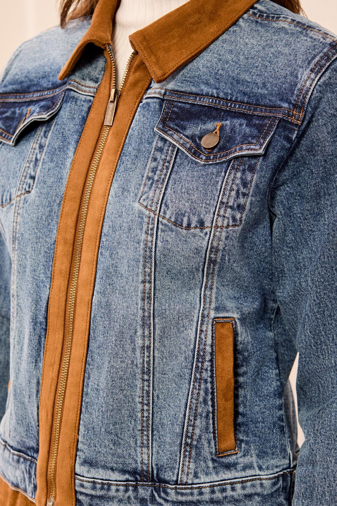 62440-5632-1243 Tribal Moonlight Mixed Media Zip Front Denim Jacket with Suede Trim