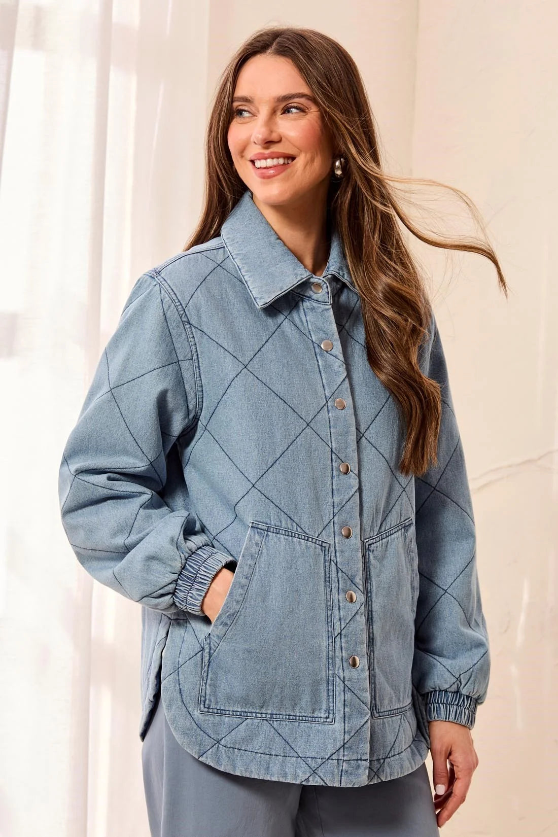 6242O-5605-2131 Tribal Quilted Snap Front Soft Denim Jacket Skylight