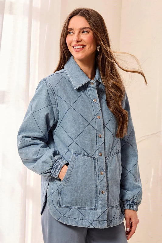 6242O-5605-2131 Tribal Quilted Snap Front Soft Denim Jacket Skylight