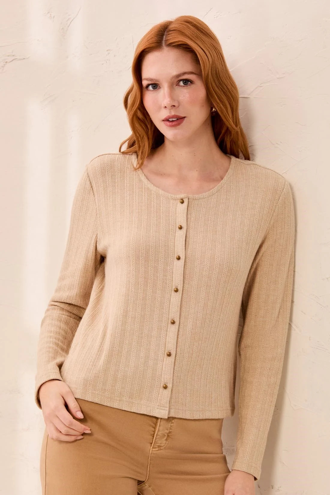 3248O-8539-0052 Tribal Soft Textured Crew Neck Button-Front Long Sleeve Knit Top Oatmeal