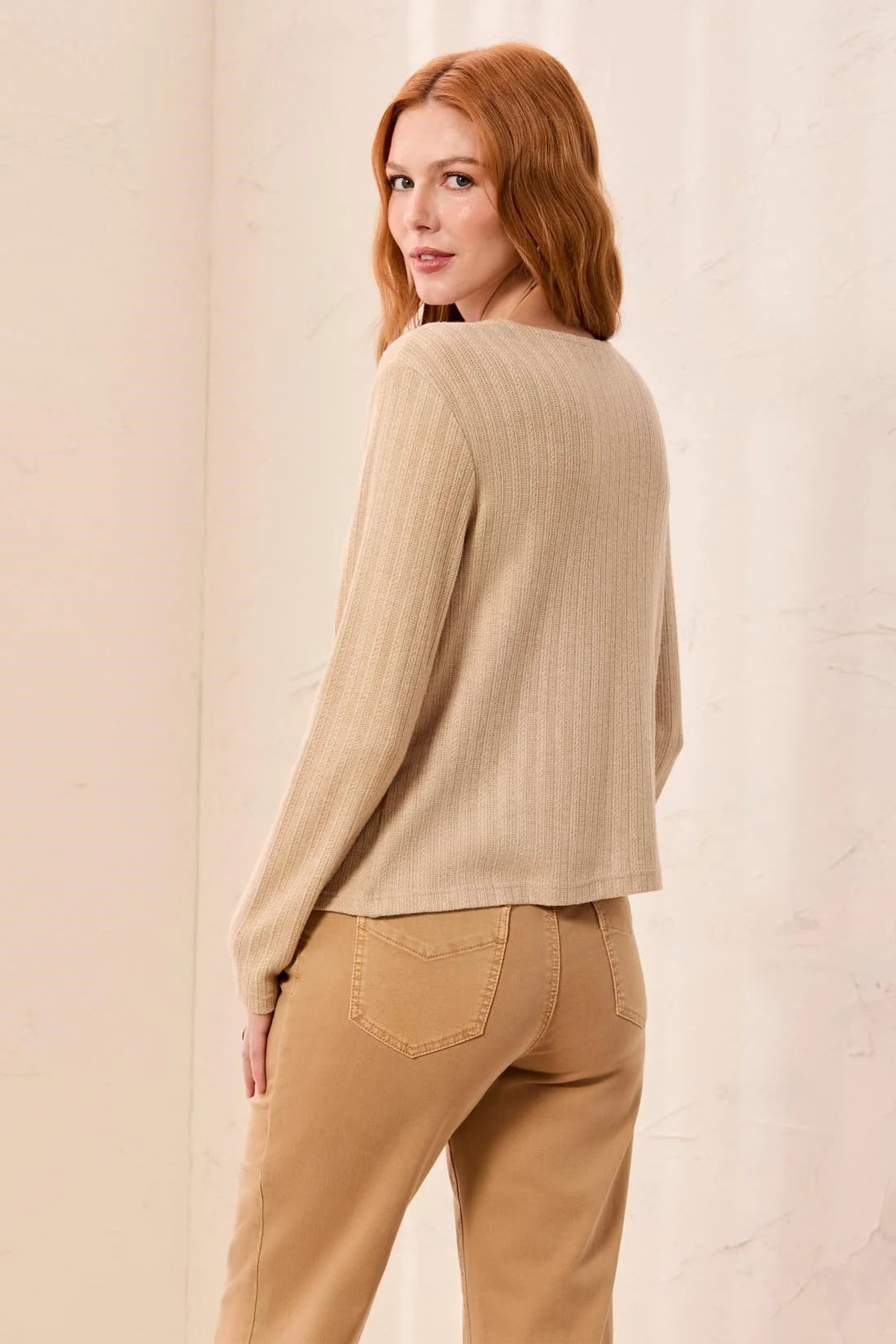 3248O-8539-0052 Tribal Soft Textured Crew Neck Button-Front Long Sleeve Knit Top Oatmeal