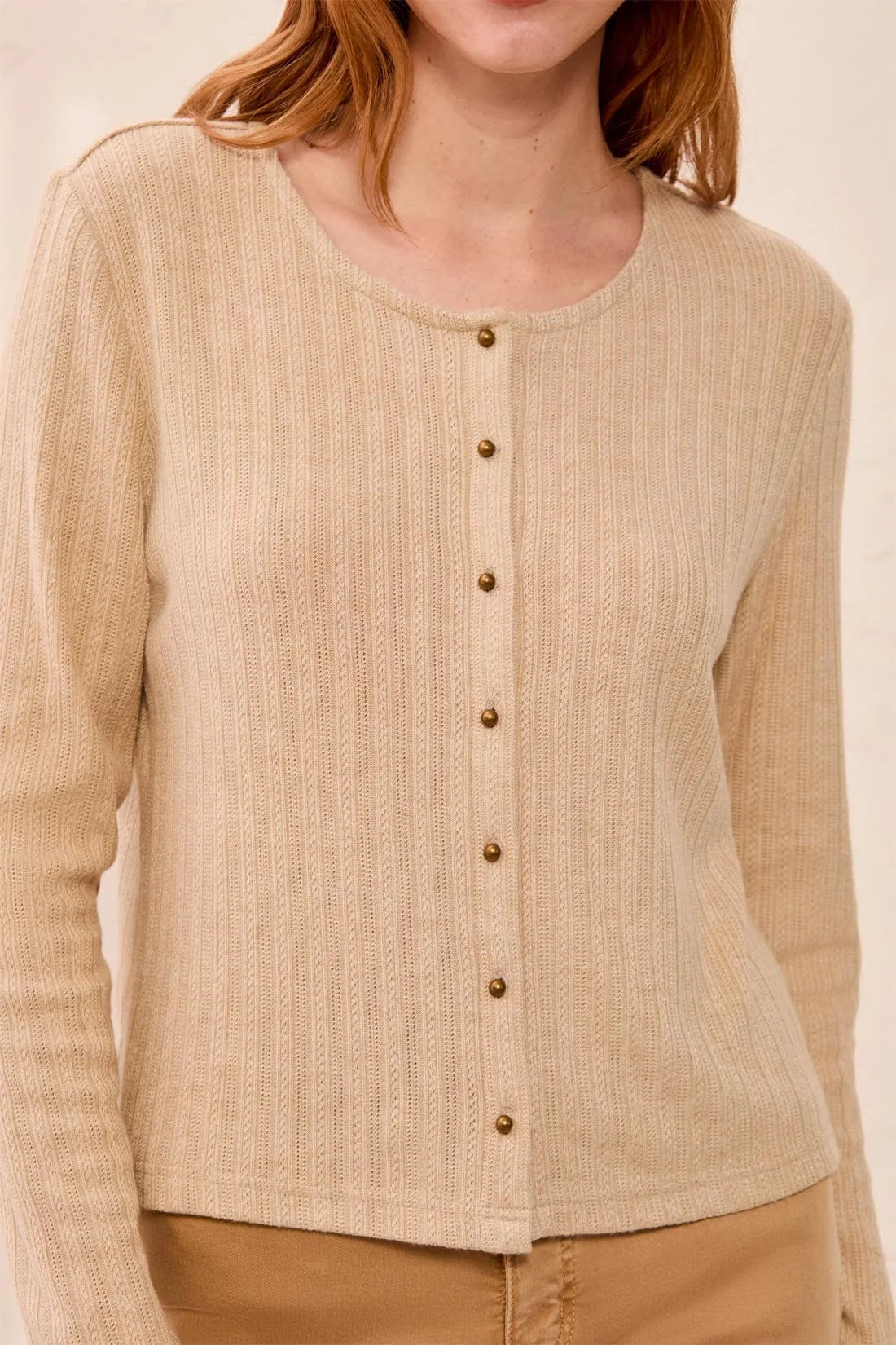 3248O-8539-0052 Tribal Soft Textured Crew Neck Button-Front Long Sleeve Knit Top Oatmeal